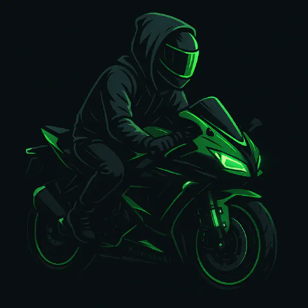 Dark-themed illustration of a hooded motorcyclist